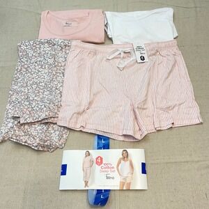 Felina 4 Pc Cotton Sleep Set T-Shirt Tank Short Capri Pant Pink Stripe Floral L
